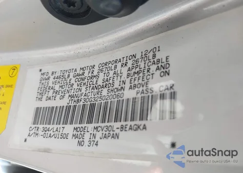 2002 Lexus Es 300 from USA, damaged, VIN JTHBF30G325020060